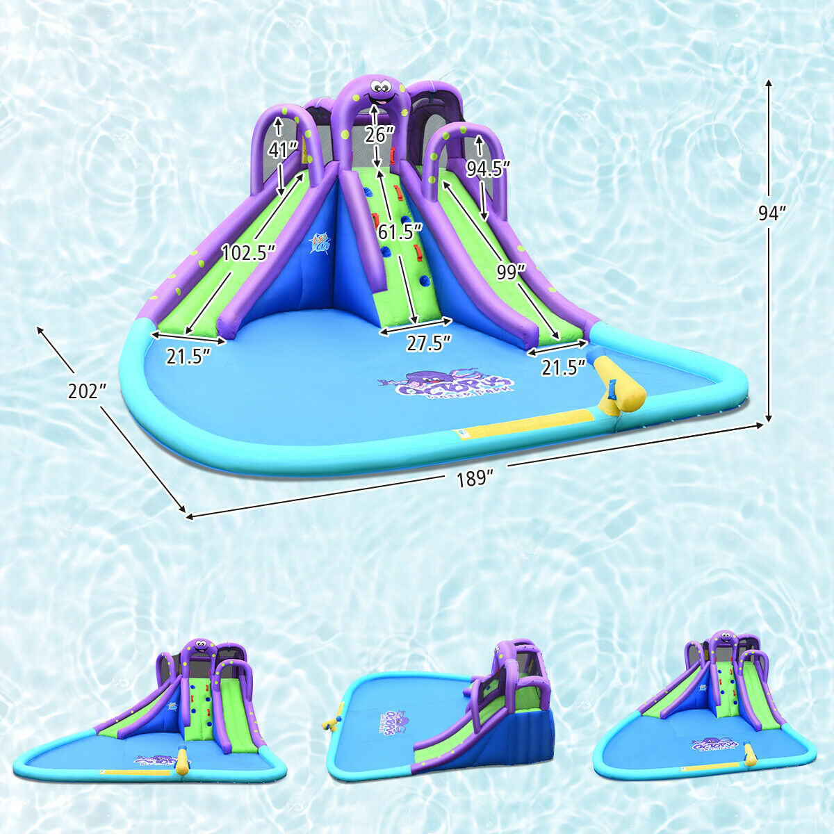 Inflatable Water Park Octopus Bounce House Dual Slide Climbing Wall W/ Blower