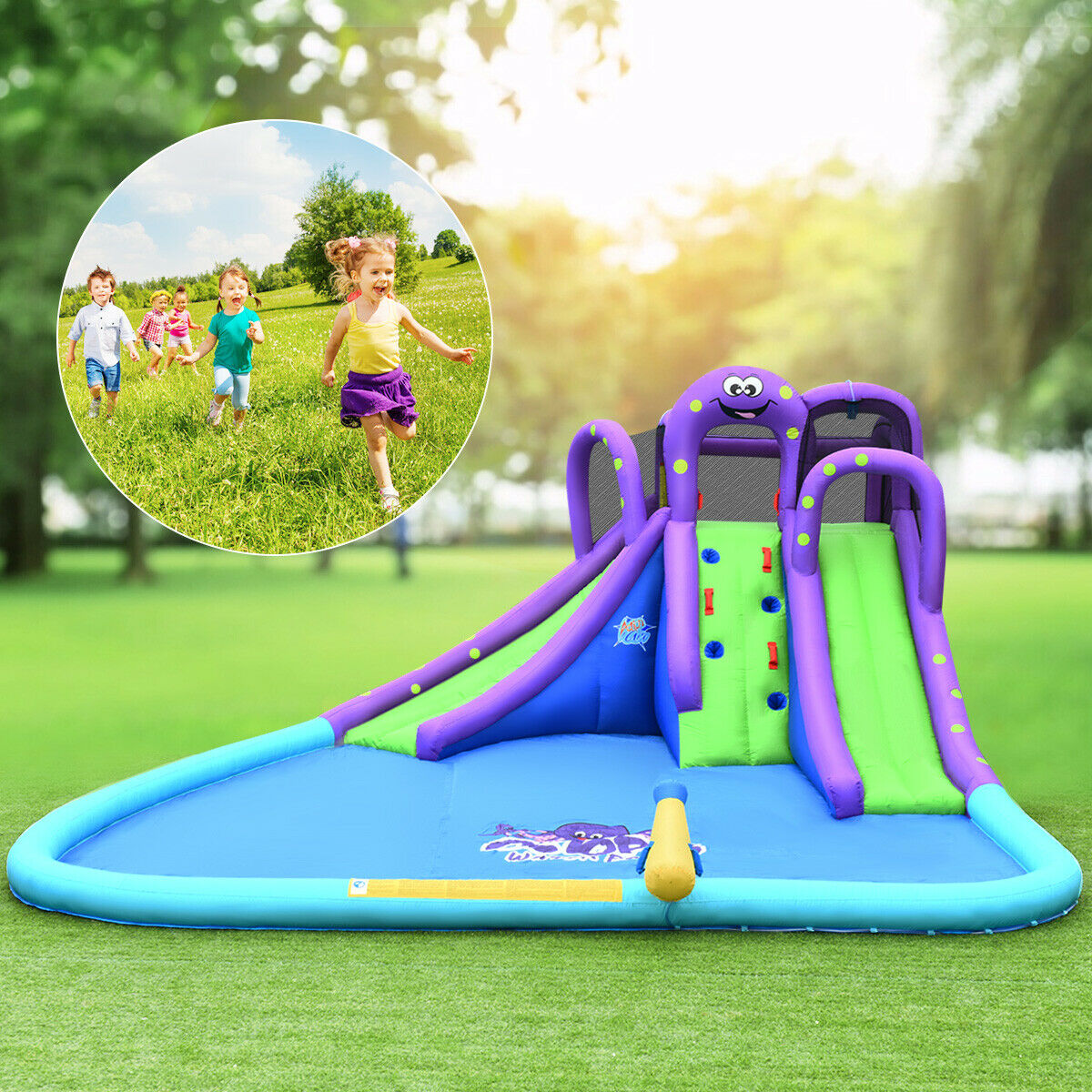 Inflatable Water Park Octopus Bounce House Dual Slide Climbing Wall W/ Blower