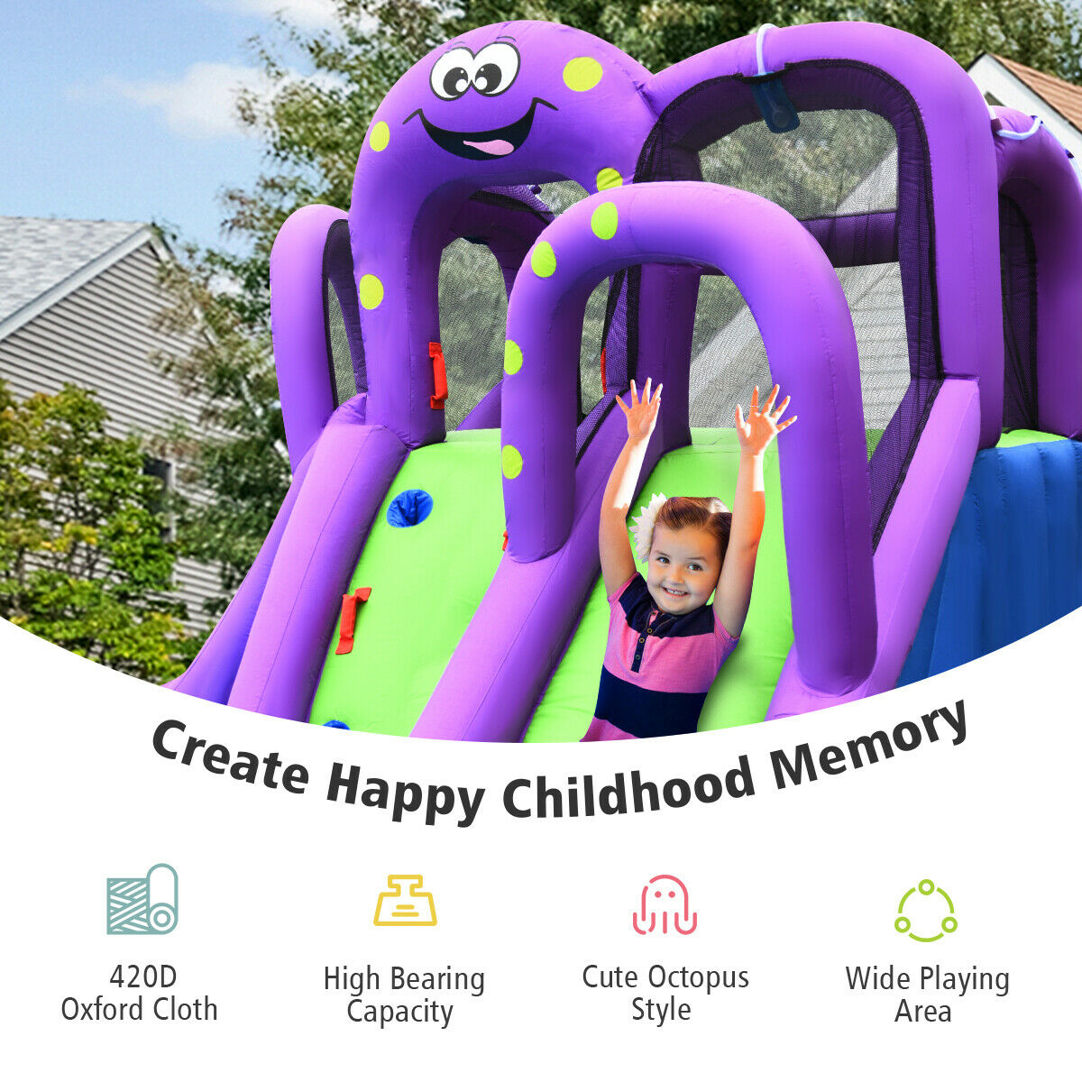 Inflatable Water Park Octopus Bounce House Dual Slide Climbing Wall W/ Blower