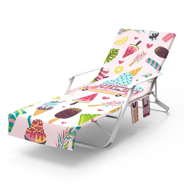 Printed Microfiber Towel Beach Chair Cover With Pockets