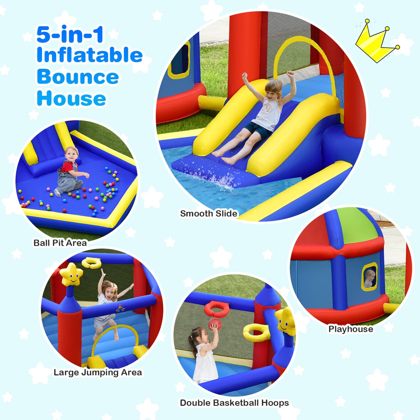 Inflatable Bouncy Castle With Slide, Large Jumping Area, Playhouse & amp; 735W Blower