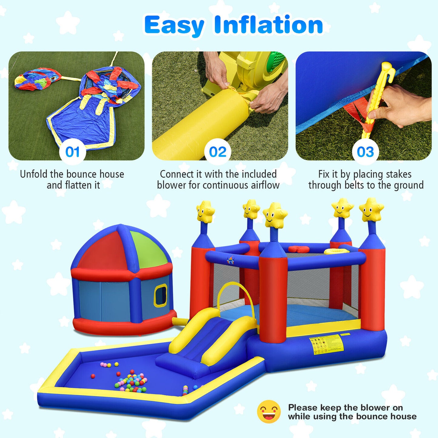 Inflatable Bouncy Castle With Slide, Large Jumping Area, Playhouse & amp; 735W Blower