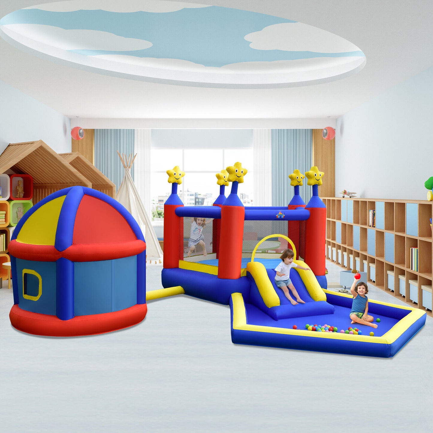 Inflatable Bouncy Castle With Slide, Large Jumping Area, Playhouse & amp; 735W Blower