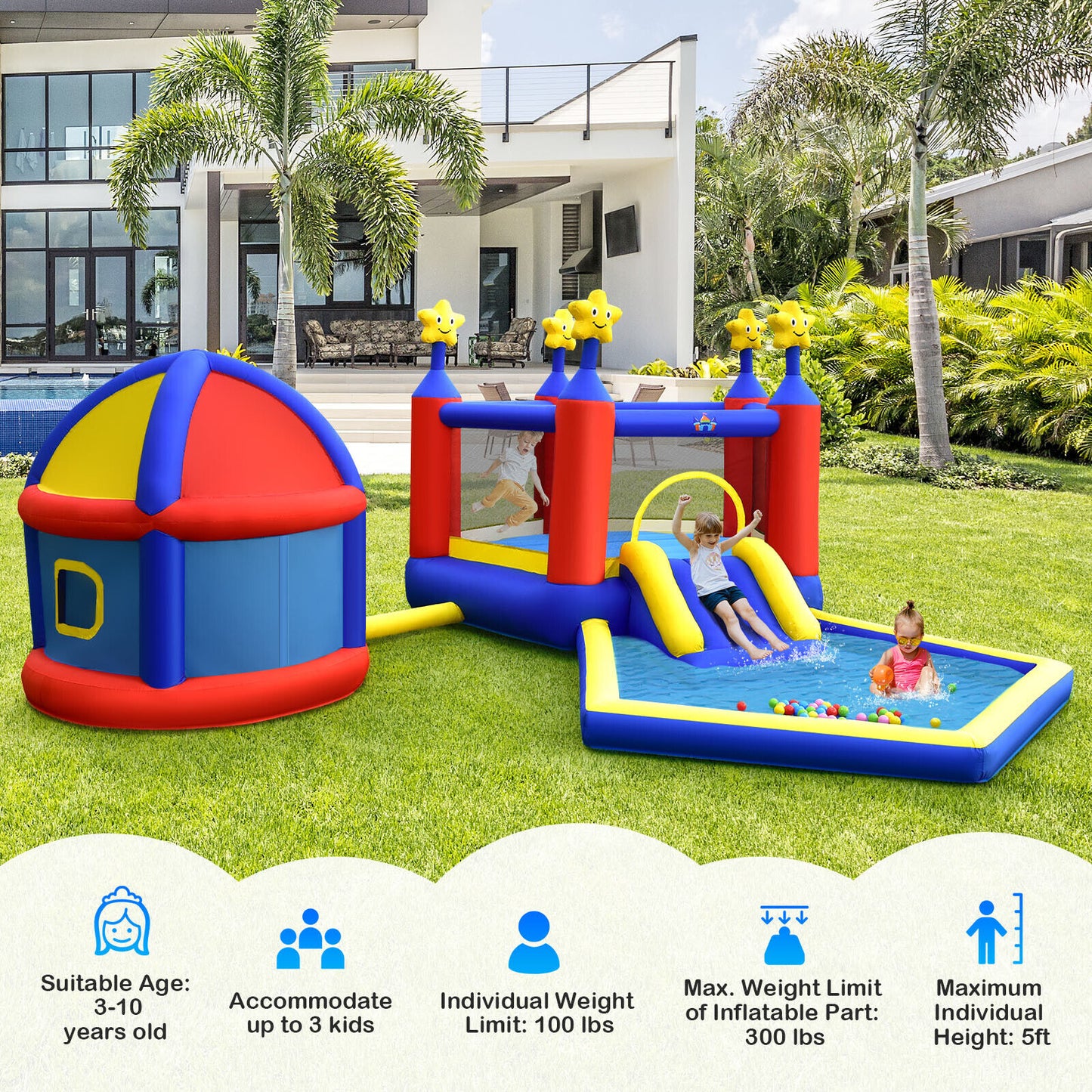 Inflatable Bouncy Castle With Slide, Large Jumping Area, Playhouse & amp; 735W Blower