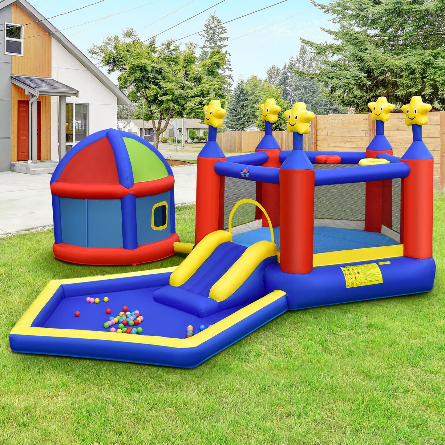 Inflatable Bouncy Castle With Slide, Large Jumping Area, Playhouse & amp; 735W Blower