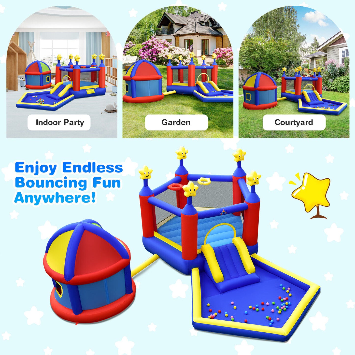 Inflatable Bouncy Castle With Slide, Large Jumping Area, Playhouse & amp; 735W Blower