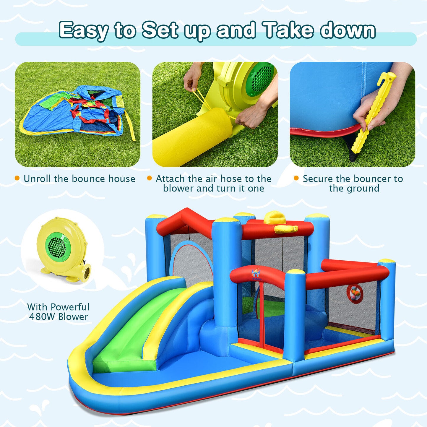 Inflatable Slide Bounce Castle with 480W Blower